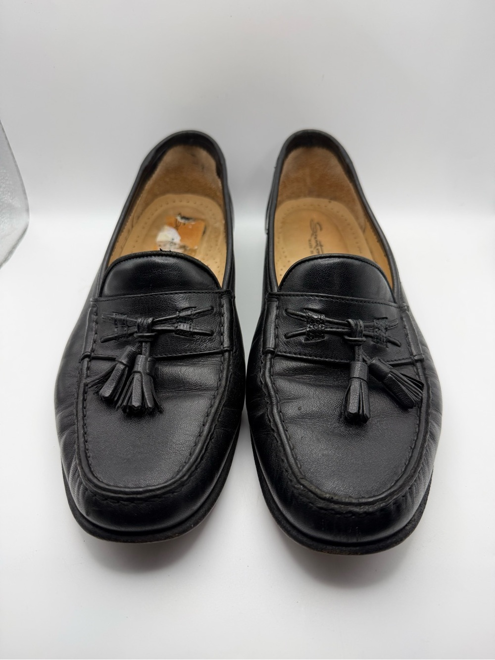 Santoni Black Leather Tassel Penny Loafers Size 9.5